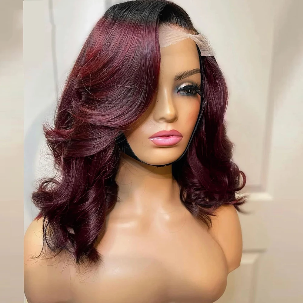 99j Body Wave Bob Lace Front Pruik Ombre Hd Lace Pruik Menselijk Haar Pruiken Pre Geplukt Bunrbordeauxkleurige Korte Bob Pruik 180%