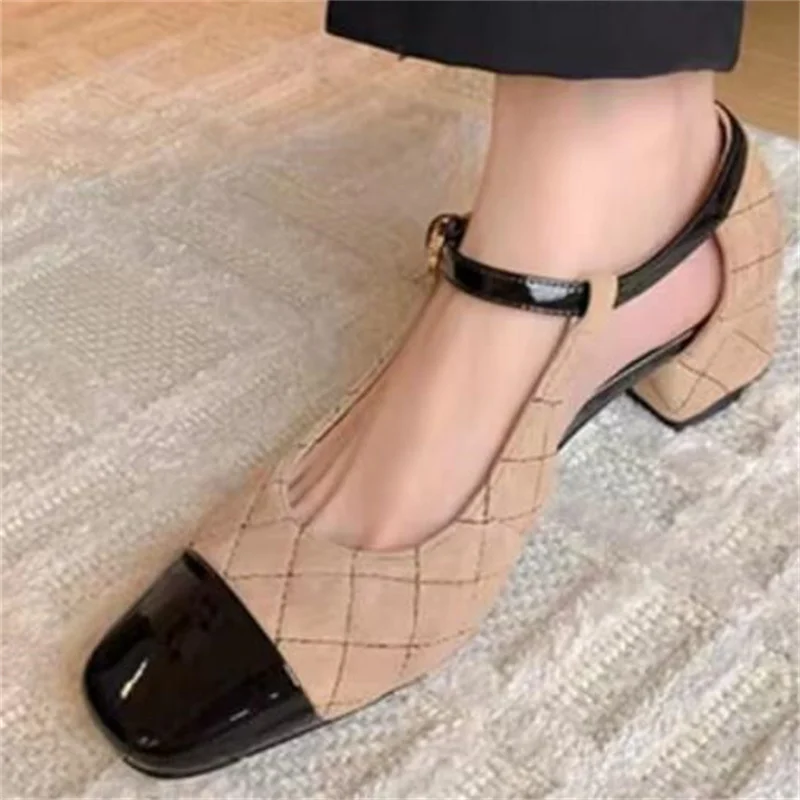 Rhombus Mary Janes Thick High Heels Mixed Colors Women\'s Shoes Female Pumps Buckle Ladies Belt Pointed Toe Femme Zapatos Mujer