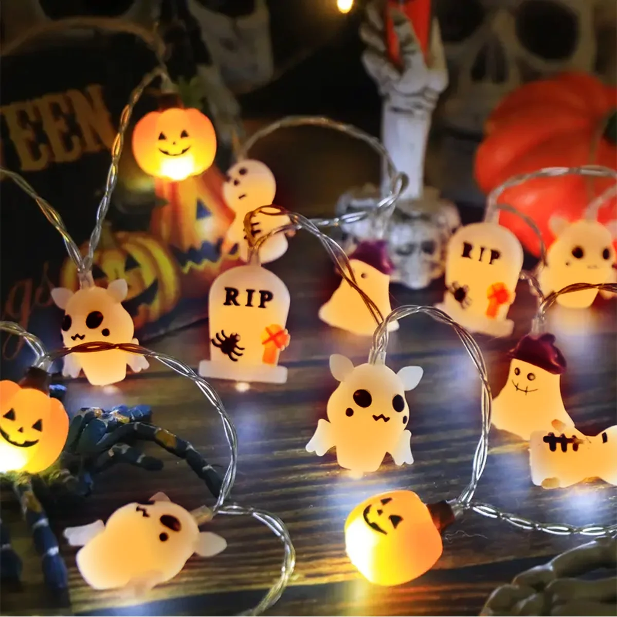 1pc 10/20 LED Halloween Soft Silicone Pumpkin Tombstone Skeleton Ghost Bat String Light For Home Bedroom Halloween Festival Deco
