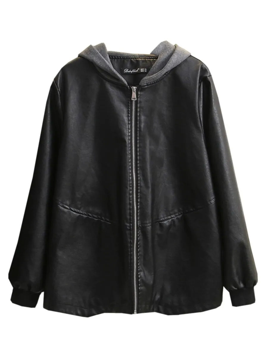 Washed PU Leather Hooded Jacket for Women, Casual Clothes, Female Coats, Spring and Autumn Fashion, Plus Size