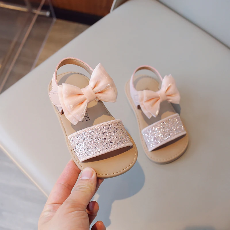 Girls Causal Flat Sandals Summer Children Princess Lace Bowtie Sandals Fashion Sequins Soft Bottom Kids Open-toe Beach Sandals