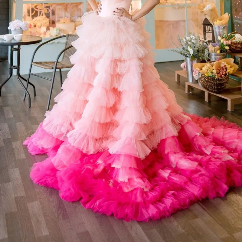 Gradient  Tiered Tulle Skirt With  Long Train Girls Birthday Skirt For Photo Shoot High Waist   Pink And Fuchsia юбка женская