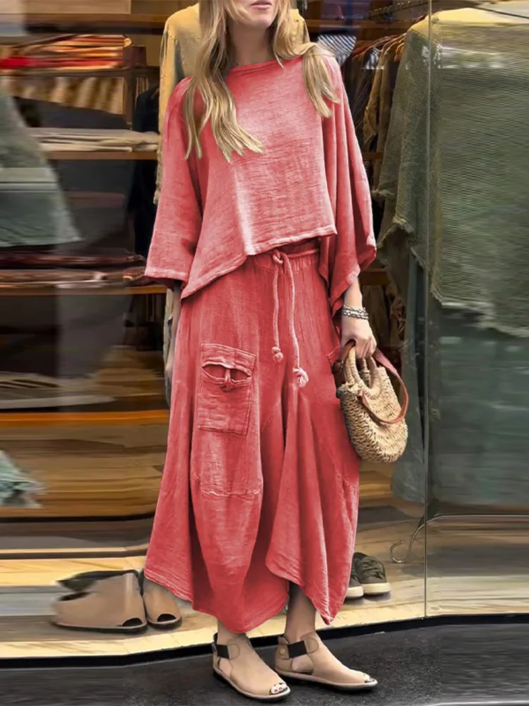 

Casual Solid Lace-up 2 Piece Set Elegant Skirt Suit Women Autumn O Neck Loose Top Lace-up Irregular Skirt Sets Fall Suit Female