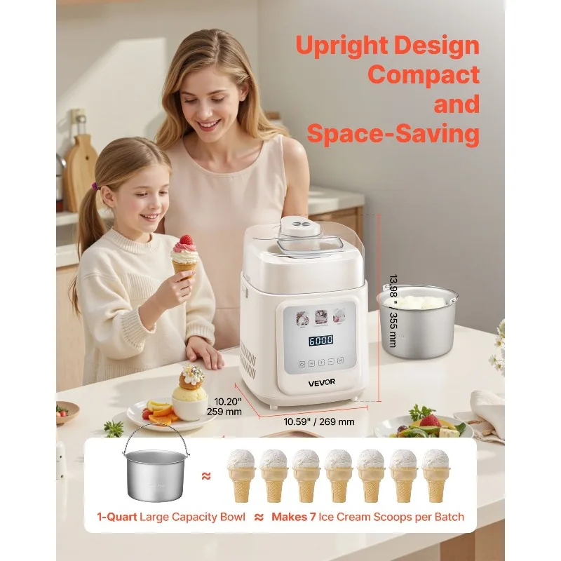 1 Quart Automatic Ice Cream Maker with Built-in Compressor No Pre-freezing