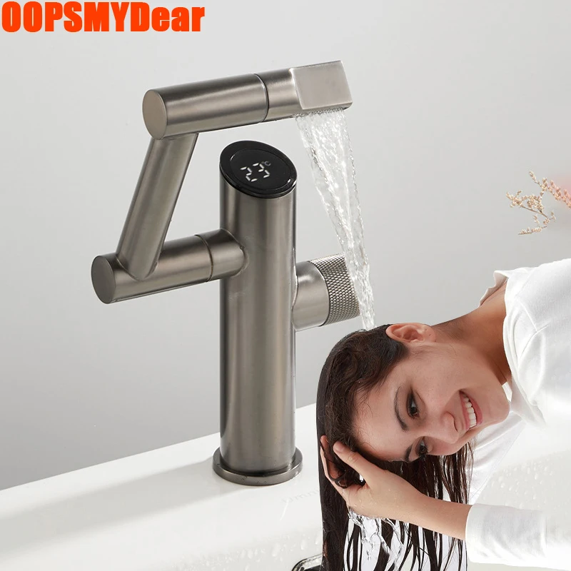 

Смеситель со светодиодным цифровым дисплеем, раковина для ванной комнаты, многофункциональный поворотный кран, смеситель для горячей и холодной воды, крепление на палубу, сталь, латунь