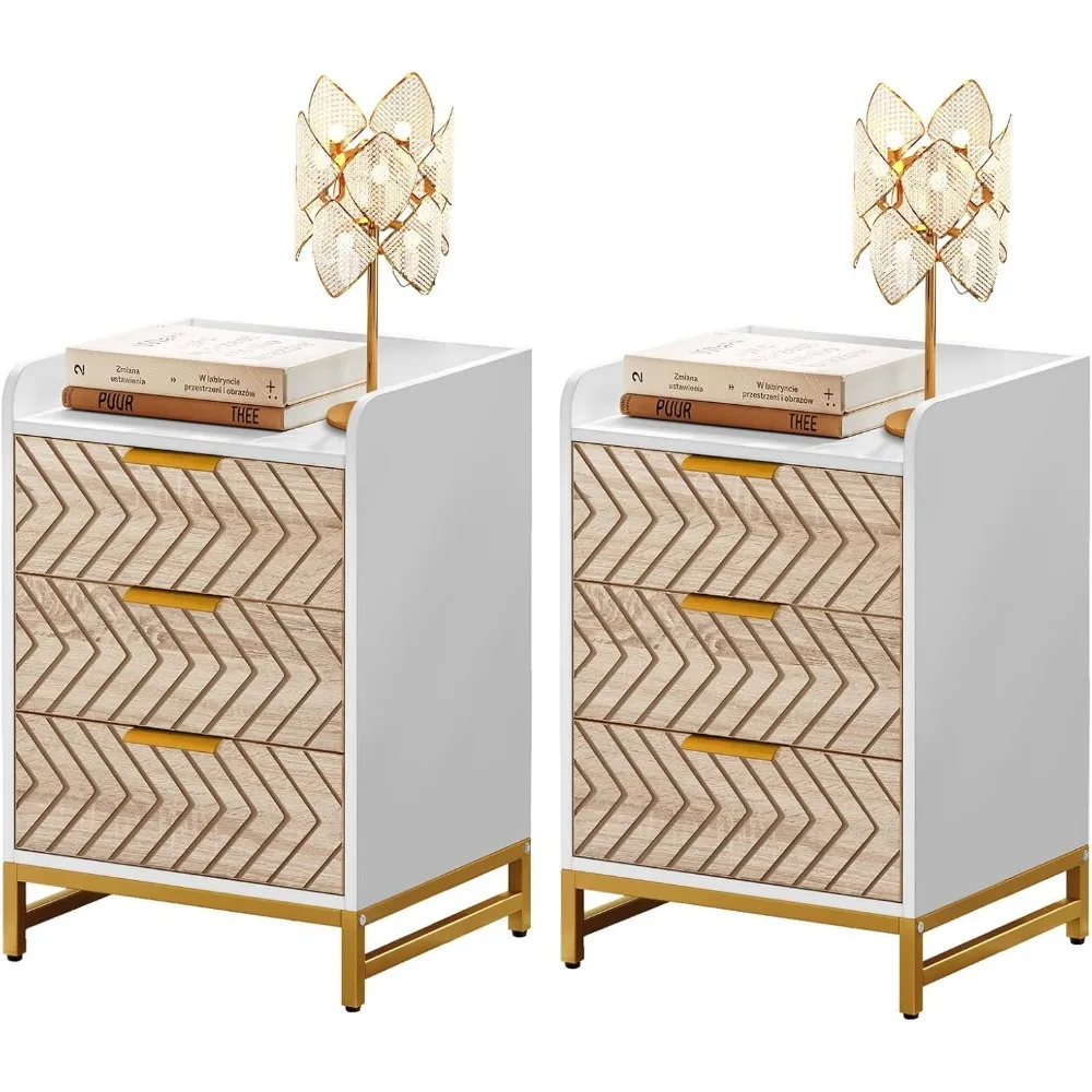 

Nightstand with 3 Drawers, Modern Bedside Table with Chevron Design and Gold Metal Legs