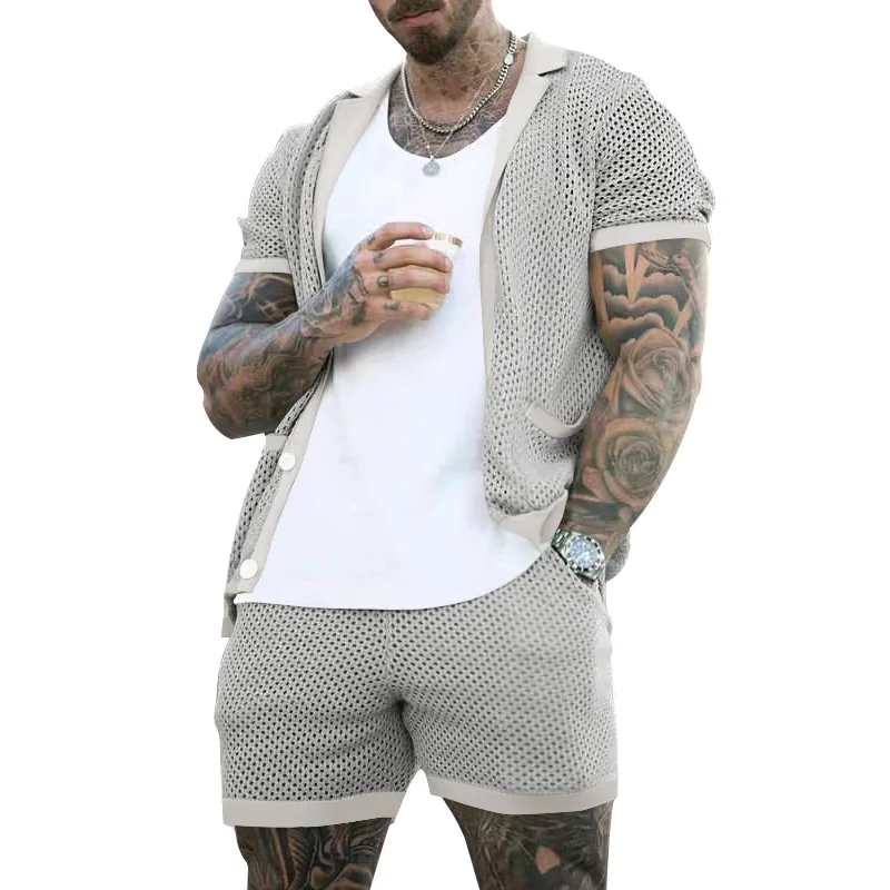2026 Sommer Herren Ausgehöhltes Dünnes Zweiteiler-Set: Kühles, Atmungsaktives Kurzarm-Oberteil mit Passenden Shorts – Lässiges Alltagsoutfit im lockeren Schnitt – Detail 40