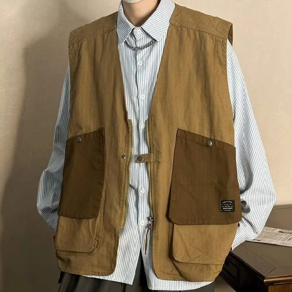 Casual V-Ne Svel Workwear Vest Loose Fit Multi-pocket Vest Sleeveless Jacket Men
