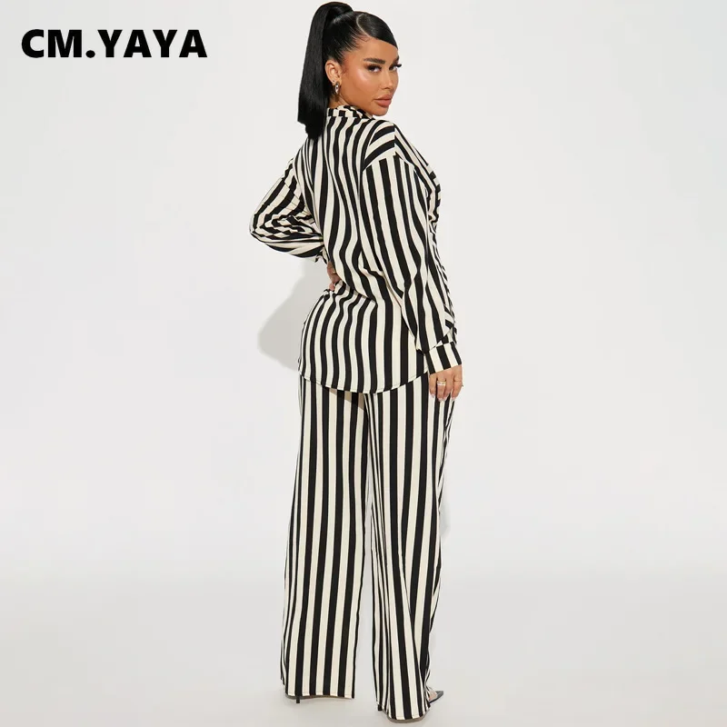 FANAN Striped Women\'s Set Long Sleeve Pocket Shirt and Straight Wide Leg Pants 2023 Fashion Two 2 Piece Sets Outfit Tracksuit