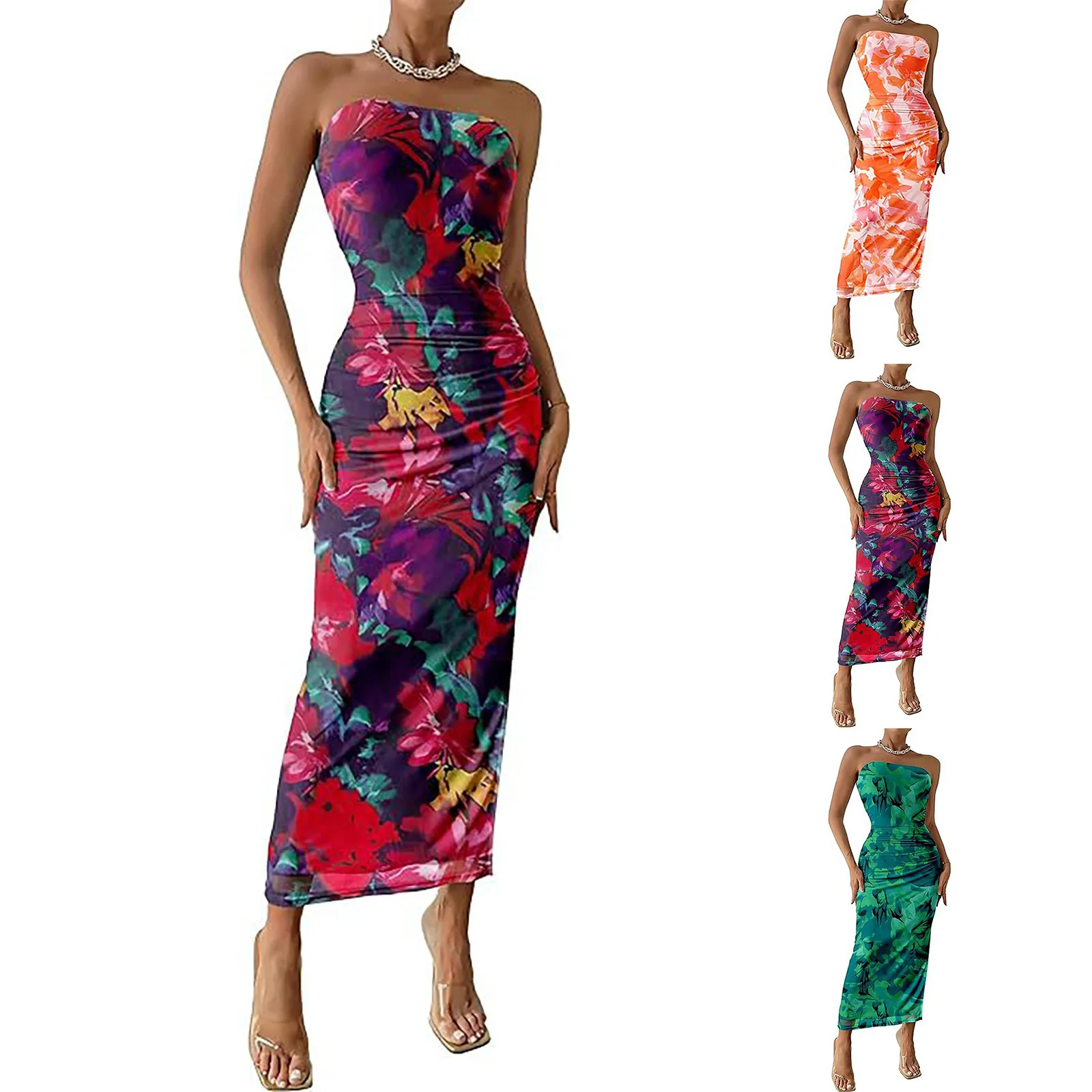 Zomer Sexy Mouwloze Strapless Midi Jurk Vrouwen Mode Print Bodycon Feestjurken Dames Strand Zonnejurk Dames Vestidos