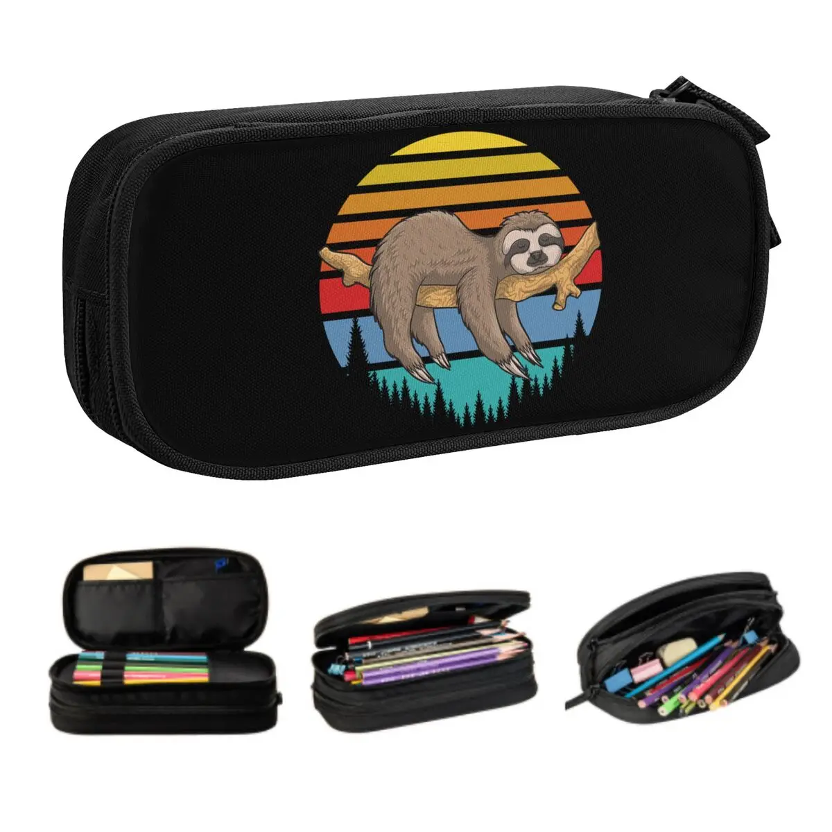 Custom Cute Retro Sunset Lazy Sloth Pencil Case for Boys Gilrs Large Capacity Pen Box Bag Stationery