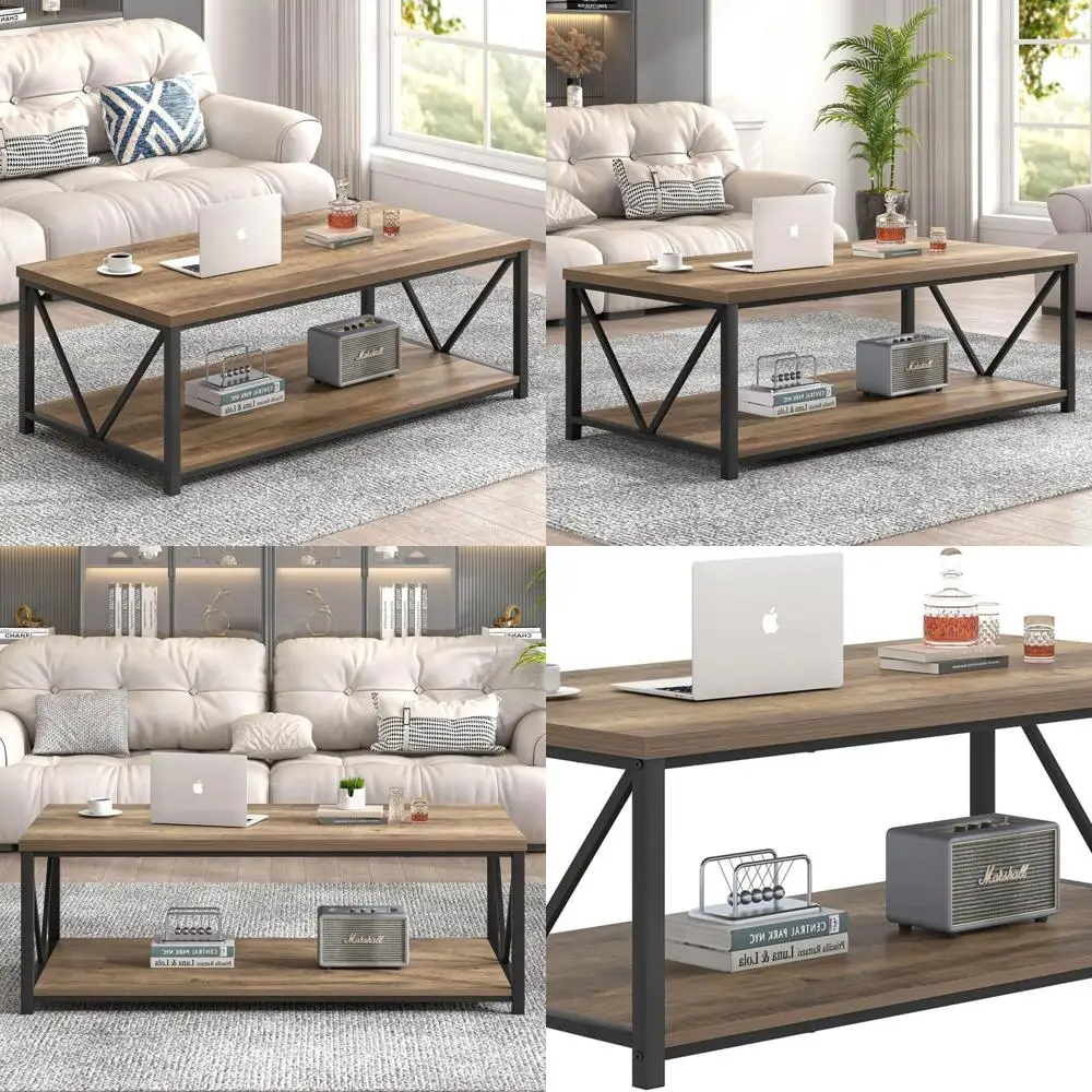 

Rustic Oak Wood and Metal Storage Cocktail Table, 47 for Living Room