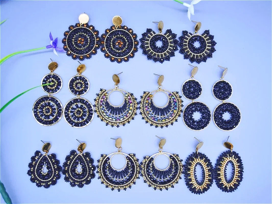 Bohemia Rice bead earrings Crystal Circle Hand-woven Double layer Female Hollowed-out Versatile Water drop Alloy Beaded earrings