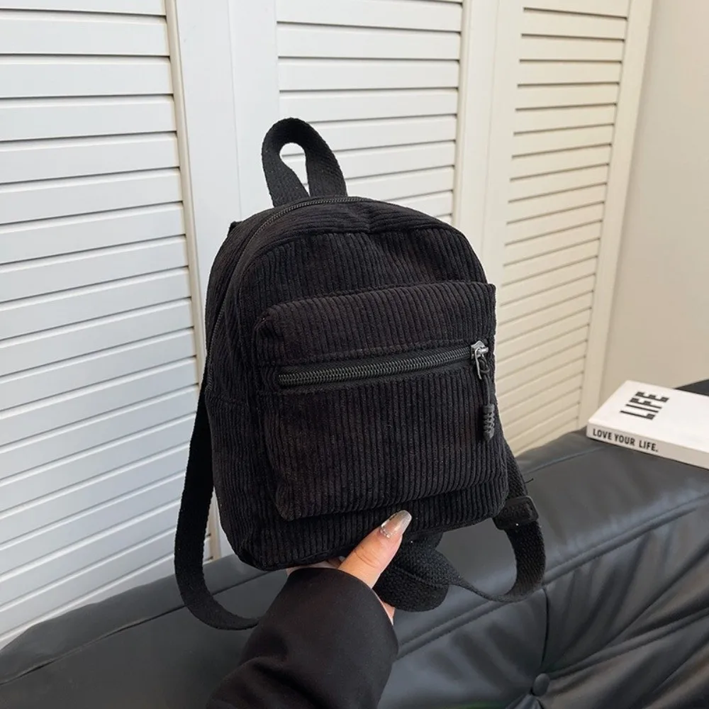 Fashion Solid Color Corduroy Mini Backpack Lightweight Zipper Double Shoulder Bag Vintage Portable Daypack Girls