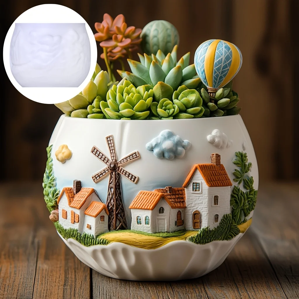 Moulin à vent ville plante succulente Pot Silicone moule moulin à vent ville maison Relief Pot de fleur résine moule maison de rêve boîte de rangement moules