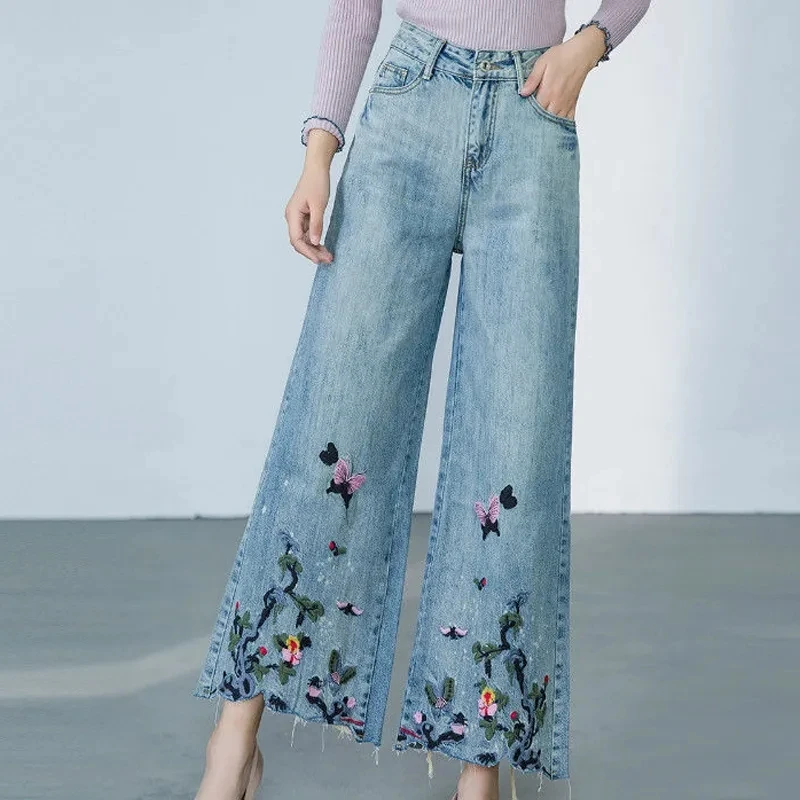 

Embroidered Bell Bottoms Female Summer Comfortable Jeans High Waist Fashion Loose Slim Nine-Point Wide-Leg Joker Simple Jeans