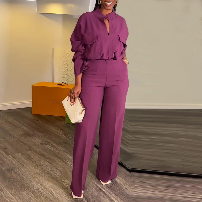 Eleganti set da due pezzi da donna tinta unita manica lunga sexy scollo a V camicetta ampia pantaloni abito femminile primavera casual streety office outfit