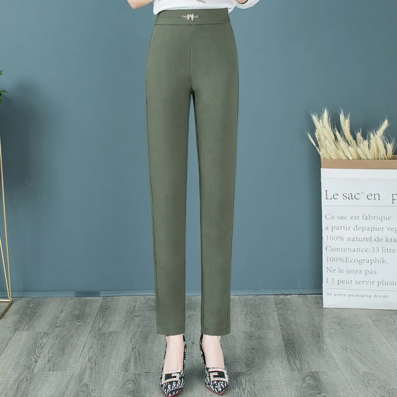 

Spring and Autumn Women's Solid Color Elastic Slim Plus Size Halun Pants High Waist Pockets Button Fashion Casual Trousers