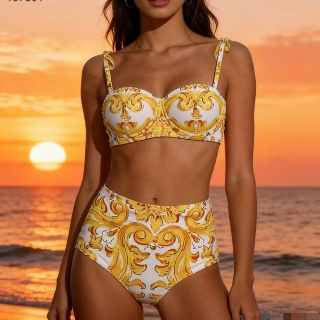 high quality lady bikini set yellow flower swimsuit factory direct sale swim wear lady