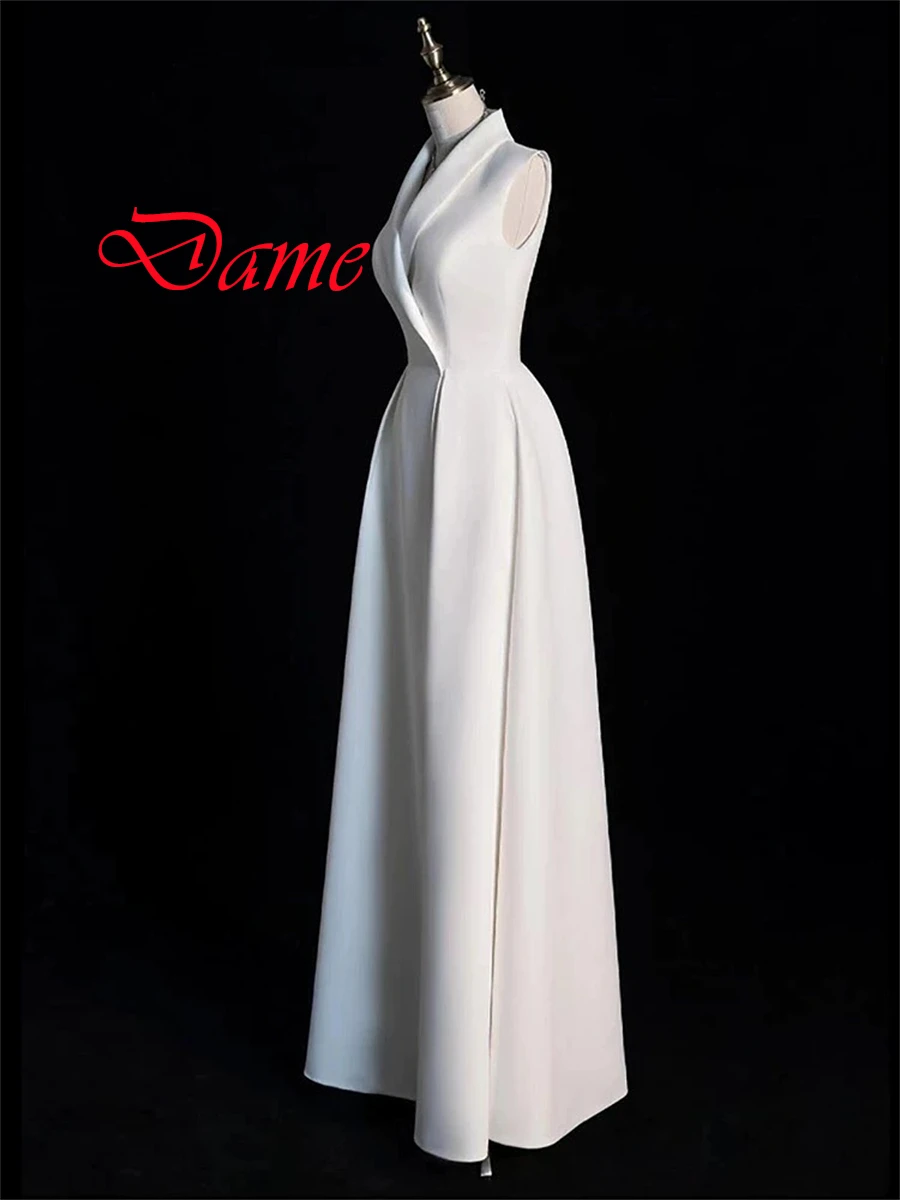 Customized Temperament White Satin Evening Dress High Quality V-Neck Sleeveless Sweep Train Ruched Special Occasion Gowns