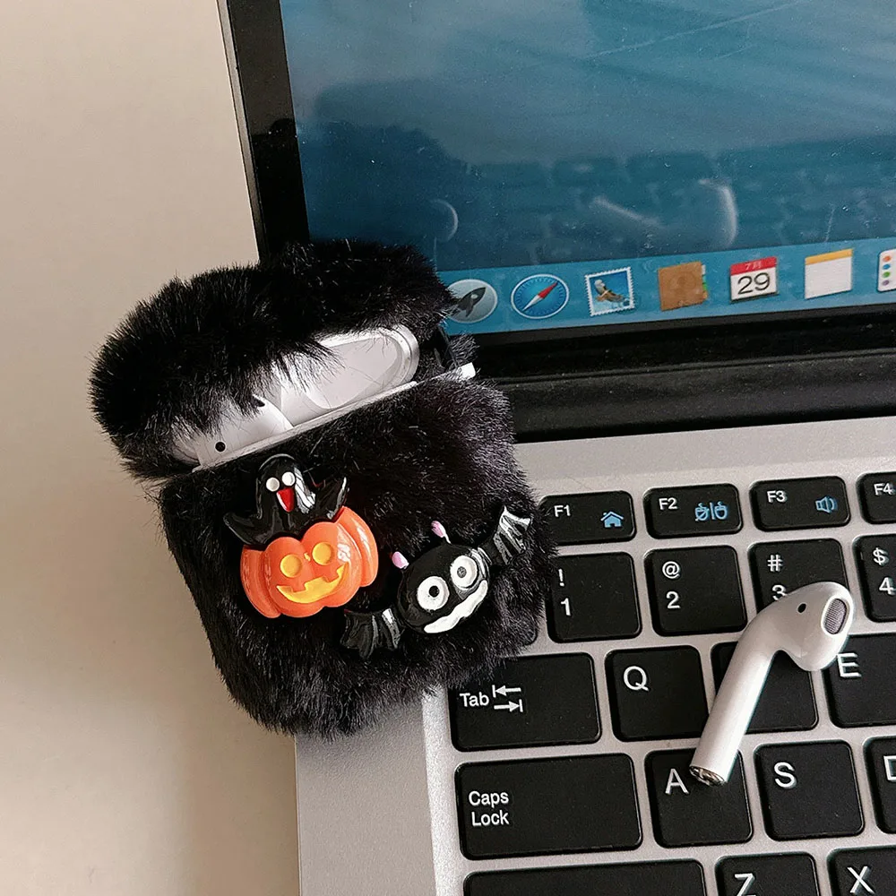 black hairy fluffy halloween silicone earphone case for airpods 2 3 cover for airpods 4 with keychain for airpods pro2 protector