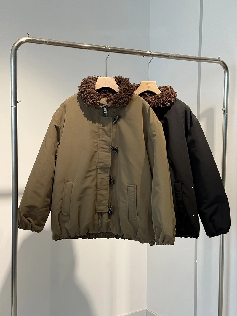 Women's Parka Solid Color Faux Fur Roll Collar Zip Up Thickened Lined Coat Autumn Winter Loose Warm Short Outerwear