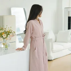 Women Cotton Waffle Robe Nightwear Long Sleeve Bathrobes Bandage Sleepwear Home Clothes Solid Color Casual Nightie With Pockect