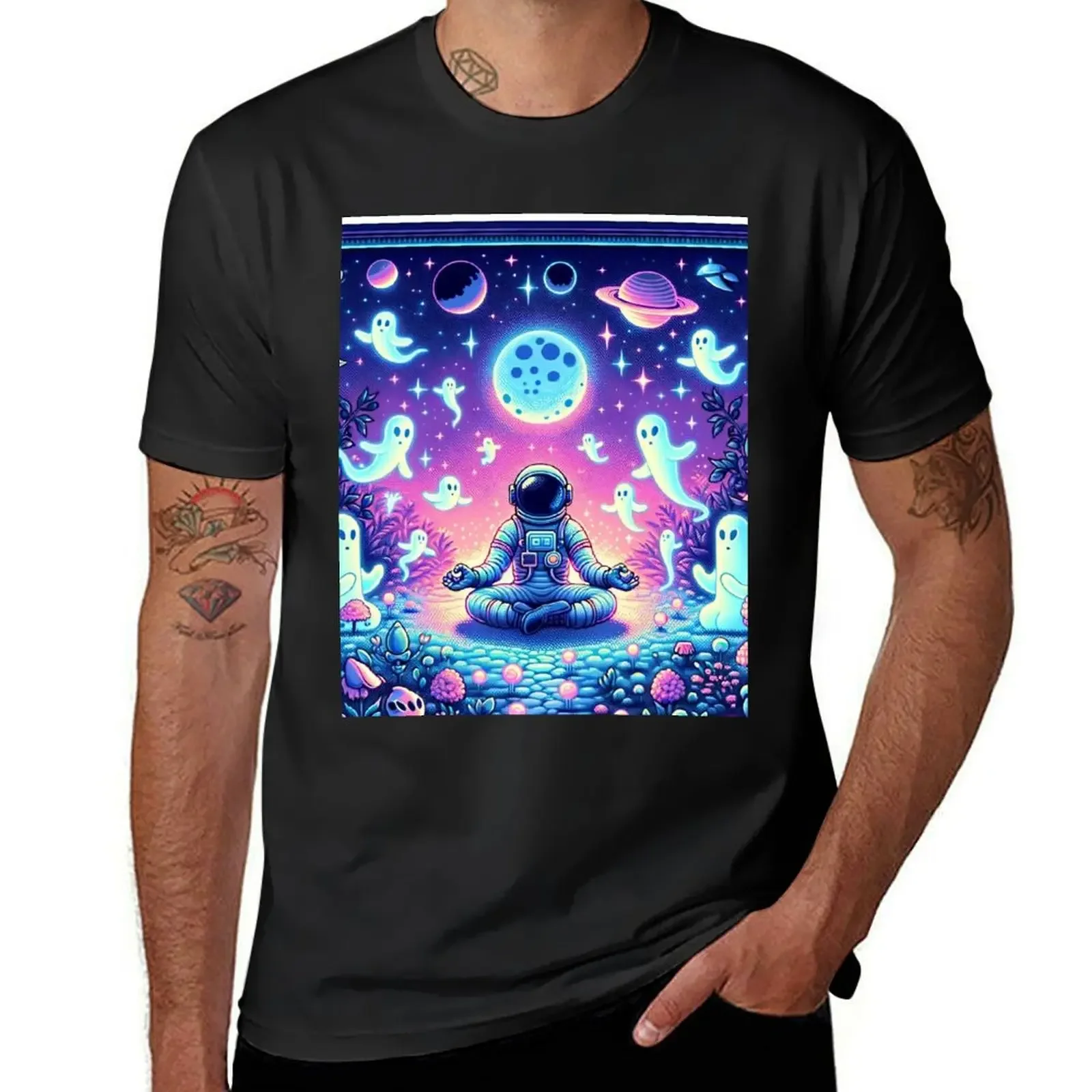 

Spooky Synthwave style meditating Astronaut Graphic T-Shirt oversized t shirt designer shirts fruit of the loom mens t shirts