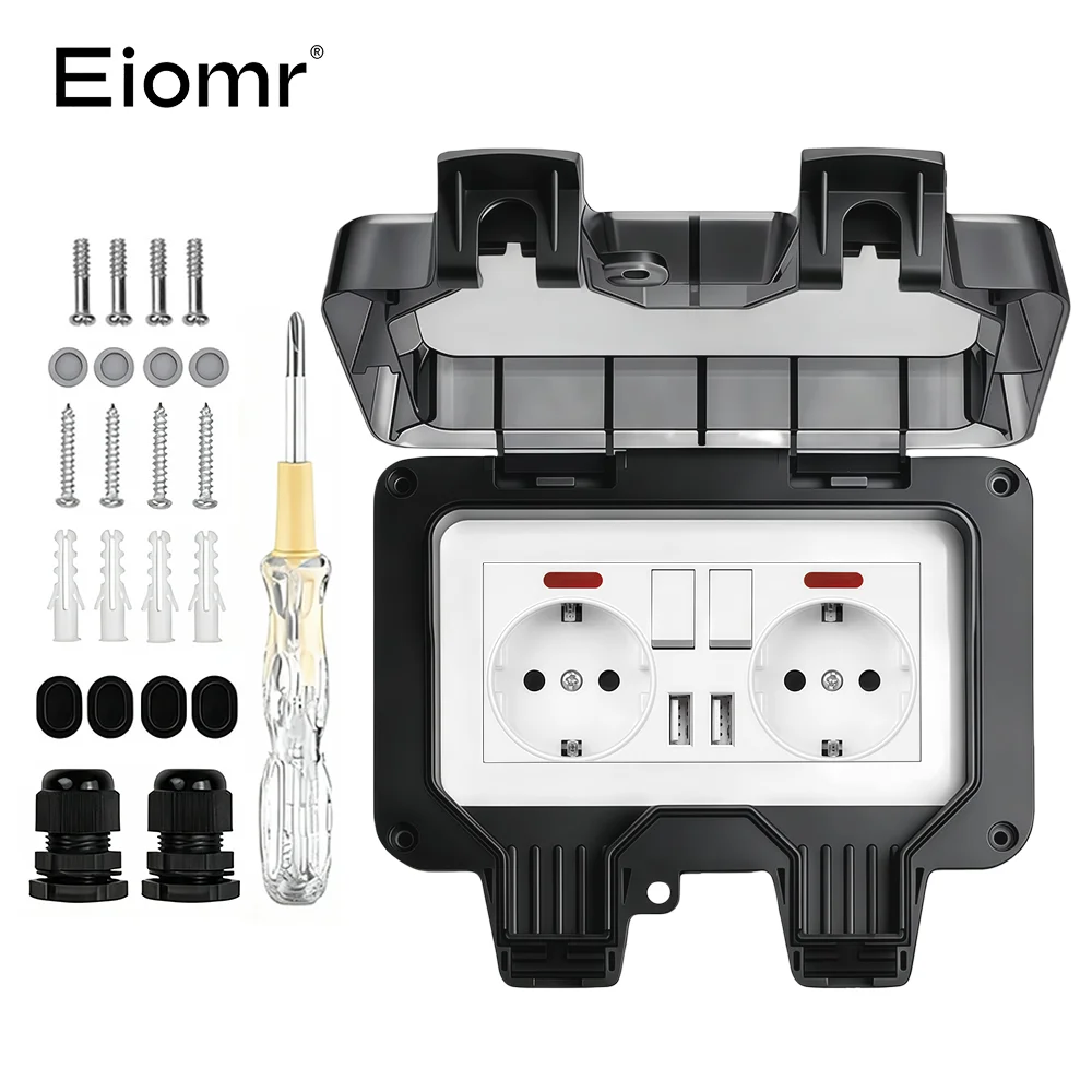 EIOMR 16A 220V IP66 wasserdichte Doppelsteckdose, schwarze Outdoor-Steckdose mit Schalter, mit Typ-C-Ladeanschluss, EU-Standardsteckdose