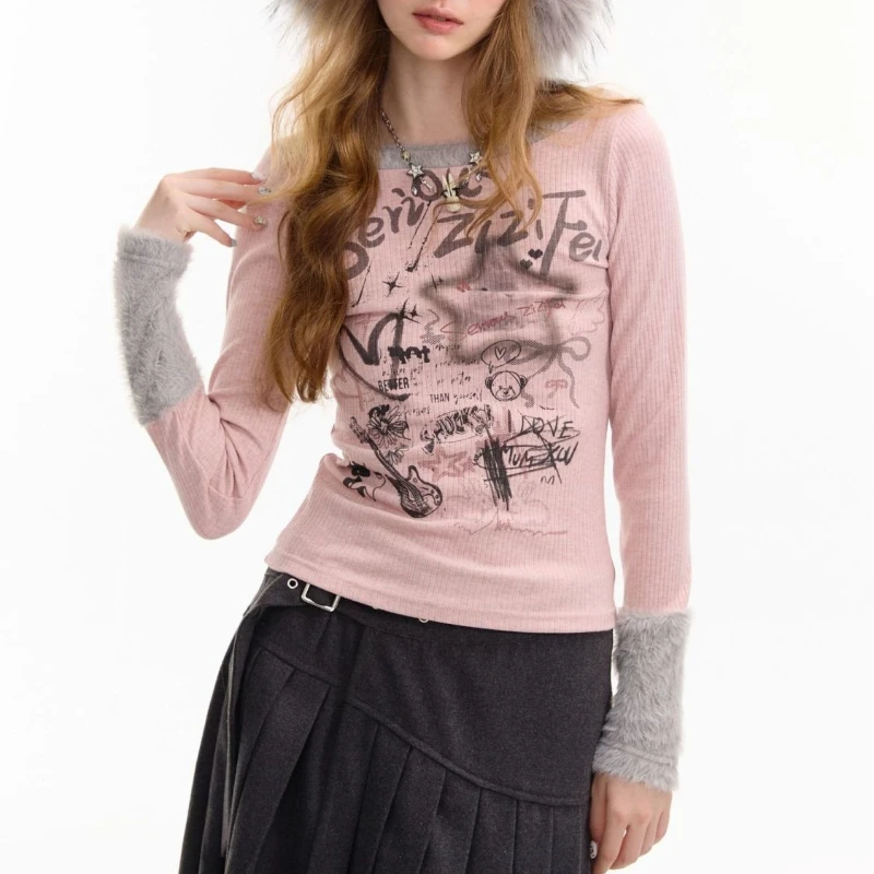 

Deeptown Y2k Vintage Graphic T Shirts Women Harajuku Japanese Style Patchwork Tees Juminocore Long Sleeve T-Shirts Aesthetics