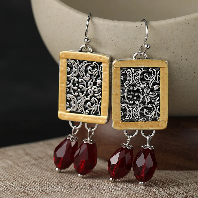 Ethnic Style Vintage Red Synthetic Zirconia Two Tones Pendant Earrings for Women Elegant Delicate Banquet Vacation Charm Jewelry