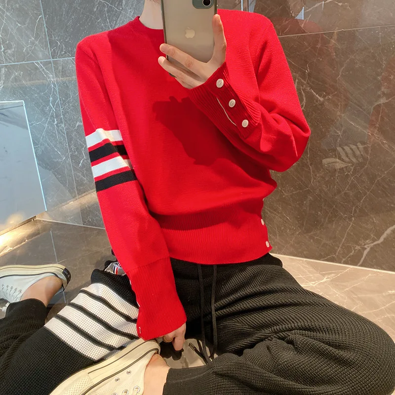 Simple Striped Design Christmas Casual Red Pullover Tops Harajuku Fashion Autumn Winter Loose Brand Knitted Women's Wool Sweater