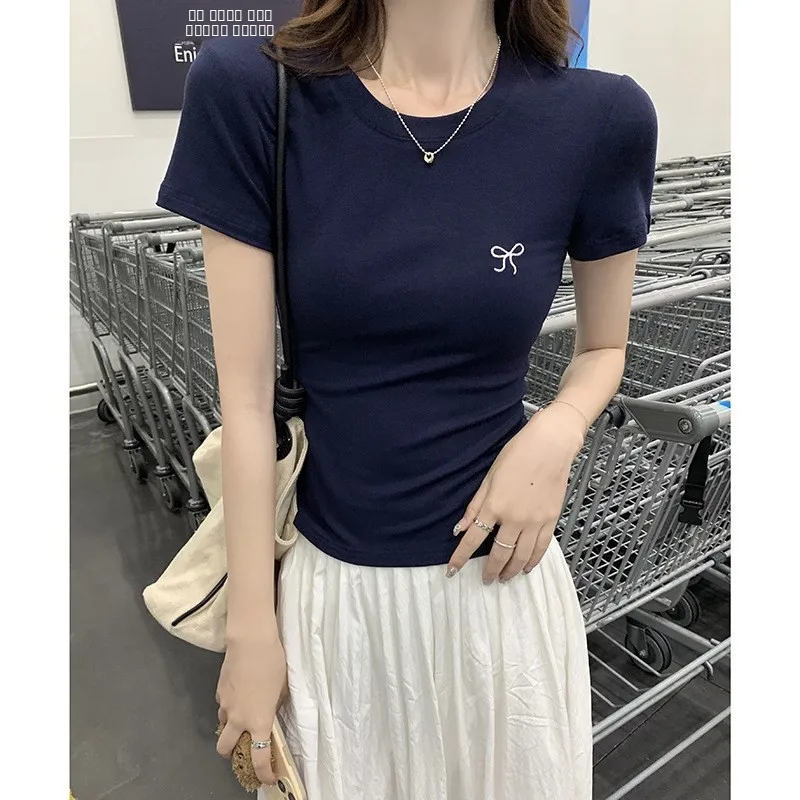 

Summer Bowknot Embroidered ort Sve Tirt Women's Commute Sle Faionable Casual Top for Ladies
