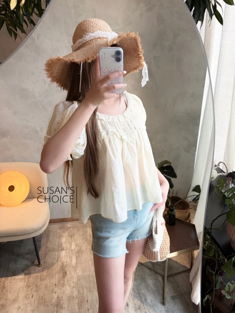 

Susan Do Lace Patchwork Short Sleeve Shirt Cotton Upper Body Yellowish White Square Collar French Style Women's Breathable Sk...