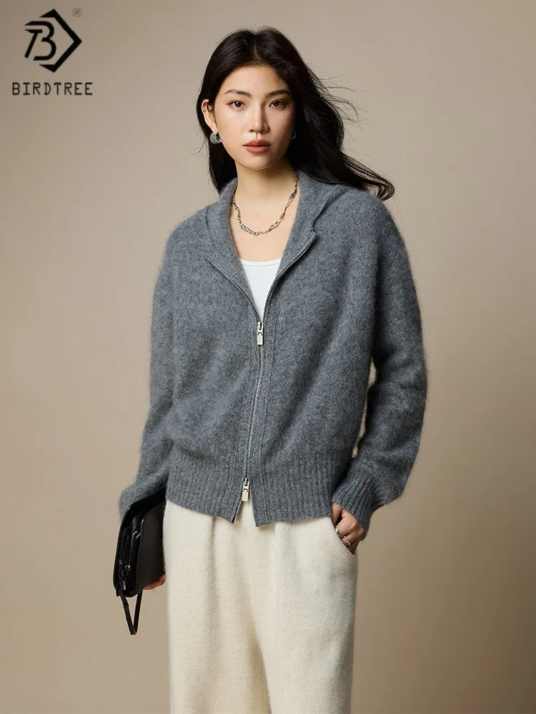

Birdtree, осенне-зимний кардиган из 100% овечьей шерсти, женские плюшевые вязаные свитера с длинными рукавами, топы с капюшоном на молнии 2025, серый T5O829JF