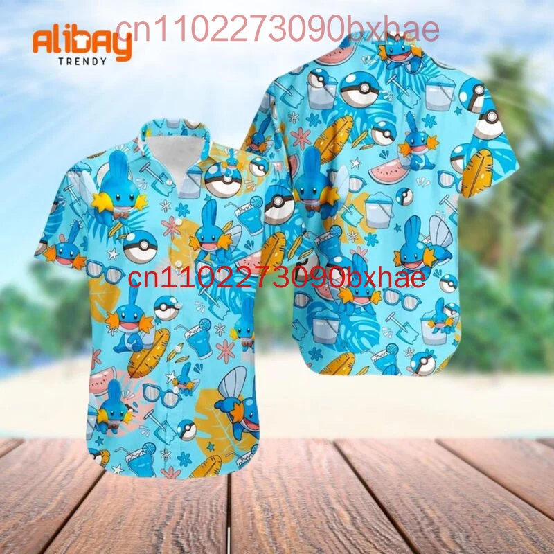 

Новинка 2025 года, синяя гавайская рубашка Mudkip Pokemon на Хэллоуин, мужская рубашка с короткими рукавами и пуговицами в стиле ретро с 3D принтом