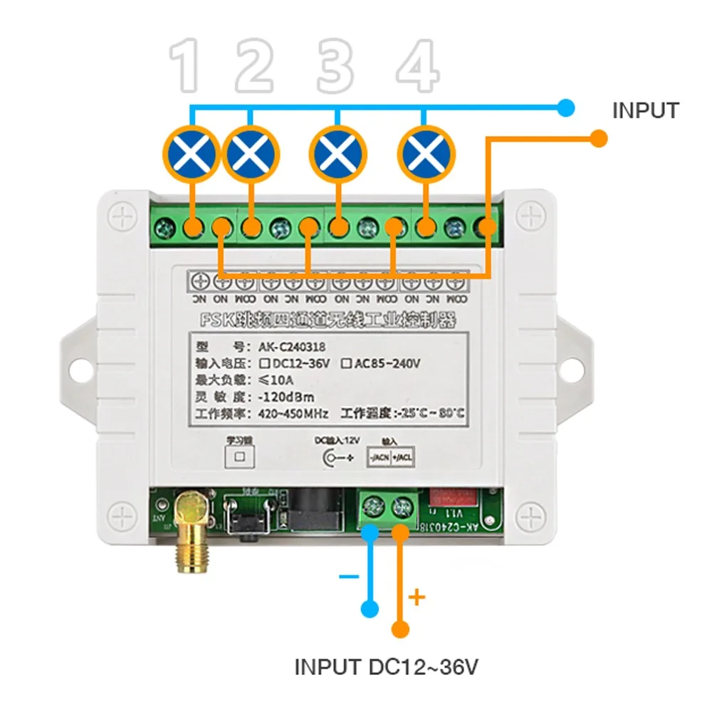 DC 12V 24V 36V 420-450MHz 4 Channel 10A Relay FSK FHSS Wireless Remote Control Switch Receiver Transmitter For Motor Lights