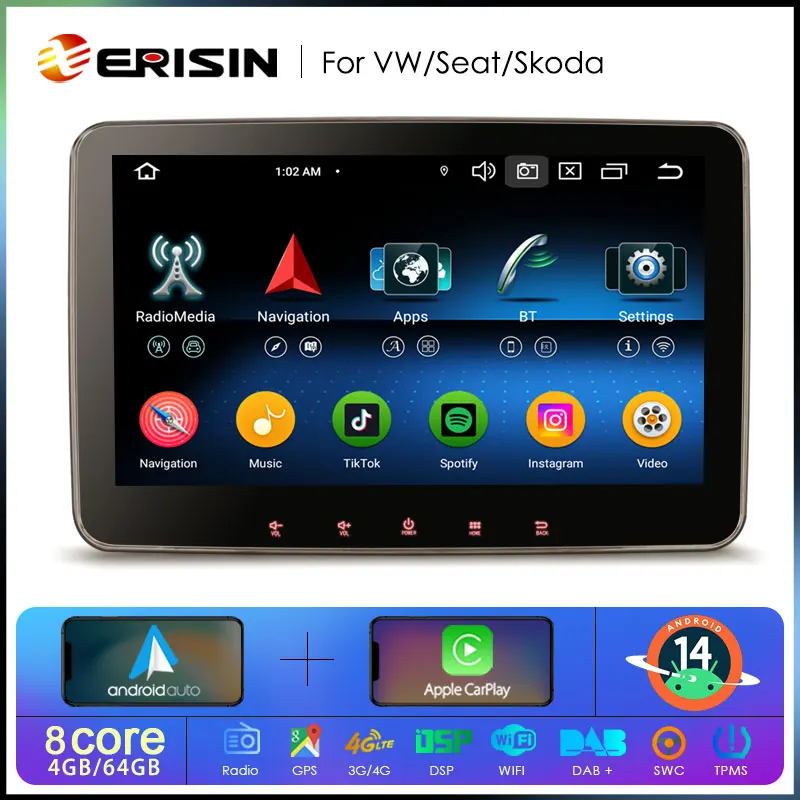 Erisin ES6711V Rotatable Android 14 Car Stereo GPS For VW Sharan Tiguan Seat Altea Skoda Superb 4G Wireless CarPlay Auto Radio