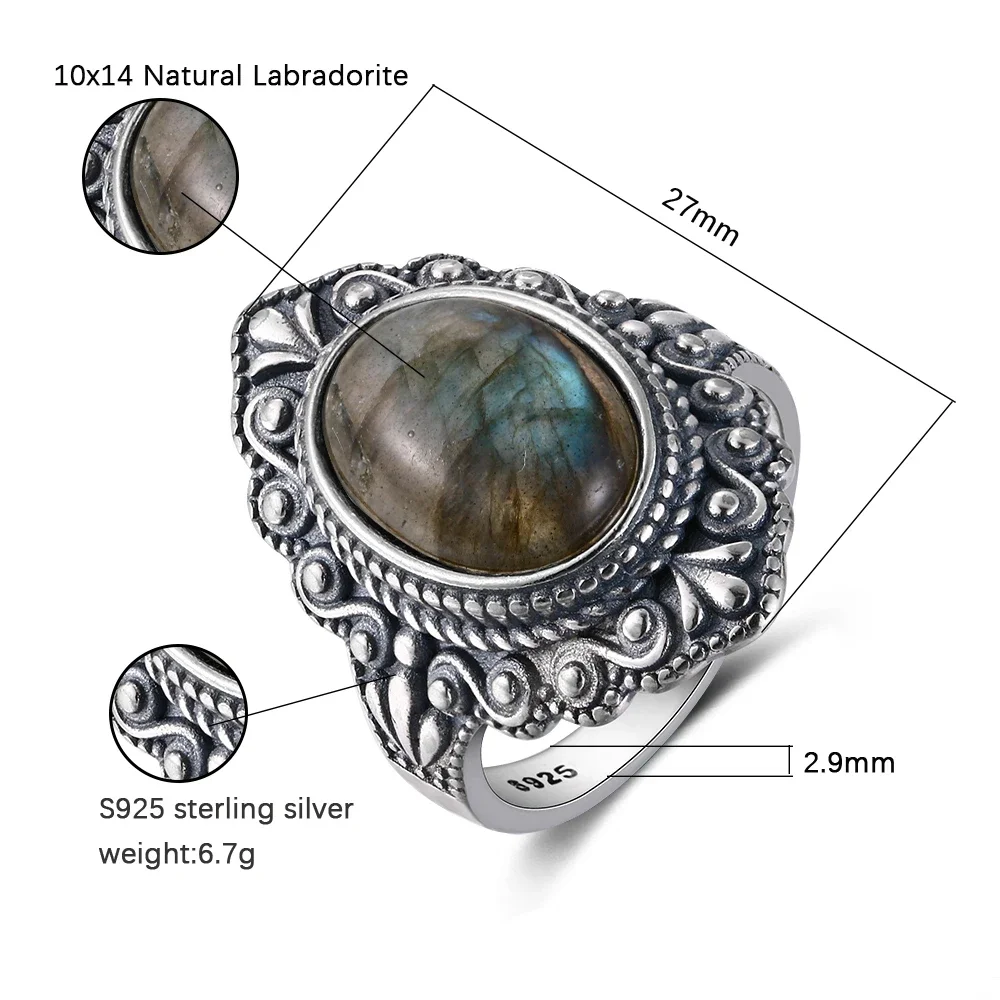 Anillo de plata S925 para mujer, joyería ovalada Natural de labradorita, anillo de dedo, anillos de ágata negra Retro, regalo de fiesta