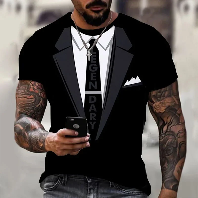 

2024 Summer Hot New Fashion Men's T-shirt 3d Printed Suit and Tie Pattern Plain Short-sleeved T-shirt Men's Clothing High Street