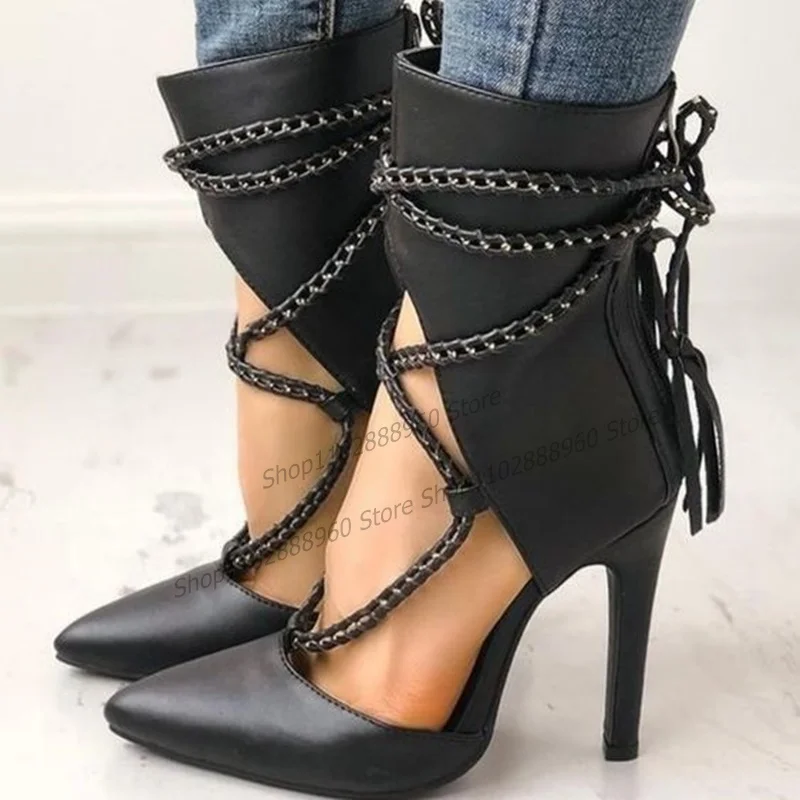 Black String Fringe Decor Sandal Boots Mid Calf Thin High Heel Women Shoes Back Zipper Pointed Toe 2023 Sexy Zapatos Para Mujere