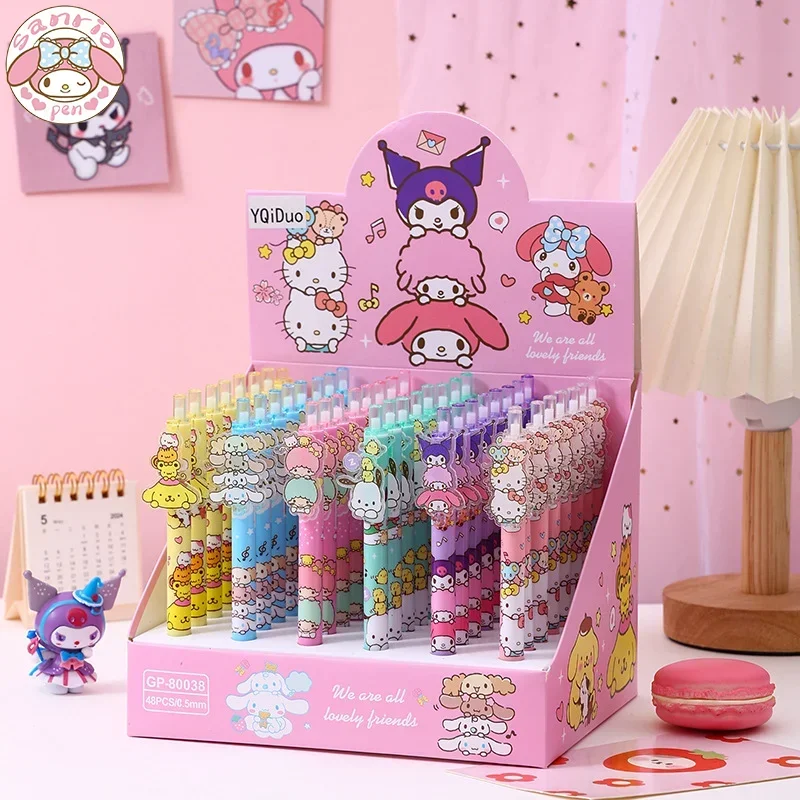 Sanrio 48pcs Gel pen Cute Hello Kitty Cinnamoroll Melody Acrylic Patch Writing Pen 0.5 Black High-quality Gift Pens For Students