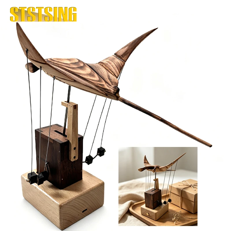  1PCS Handcrafted Wooden Kinetic Manta Ray Sculpture - Fluid Motion Automata Desk Decor, Unique Relaxation Gift for Men,