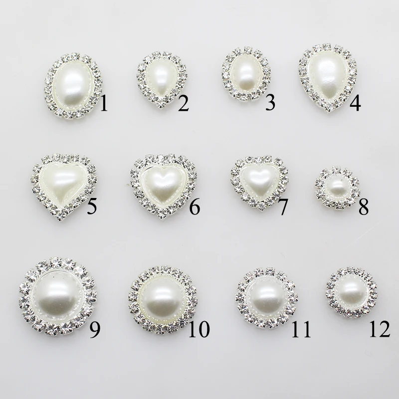 New Fashion 10pcs/lot 12 SIZE Rhinestone Pearl Snap Button Metal Brass Flat Back Button for Clothes Craft Accessories Decorative