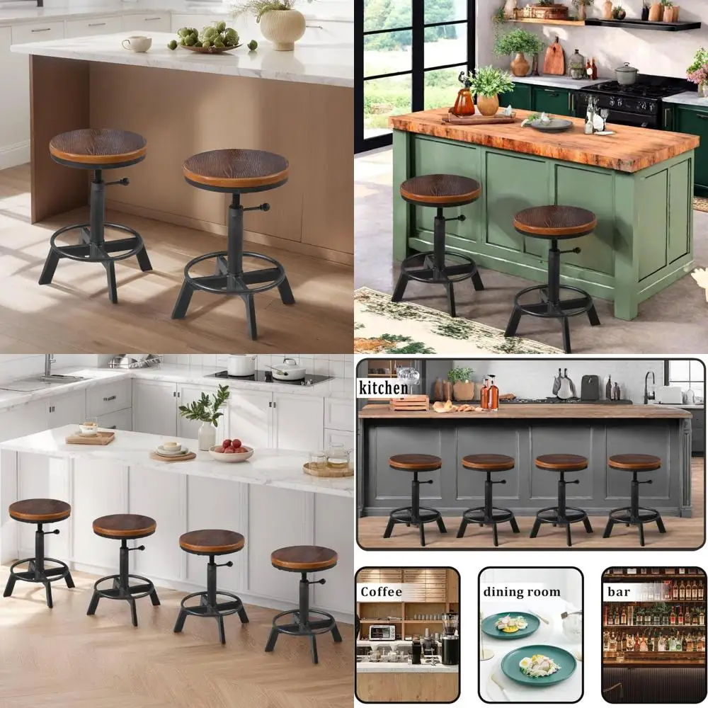 Taburetes de bar giratorios de estilo industrial - Asientos de madera rústica con altura de mostrador para isla de cocina - Altura ajustable de 17,7 a 24 pulgadas