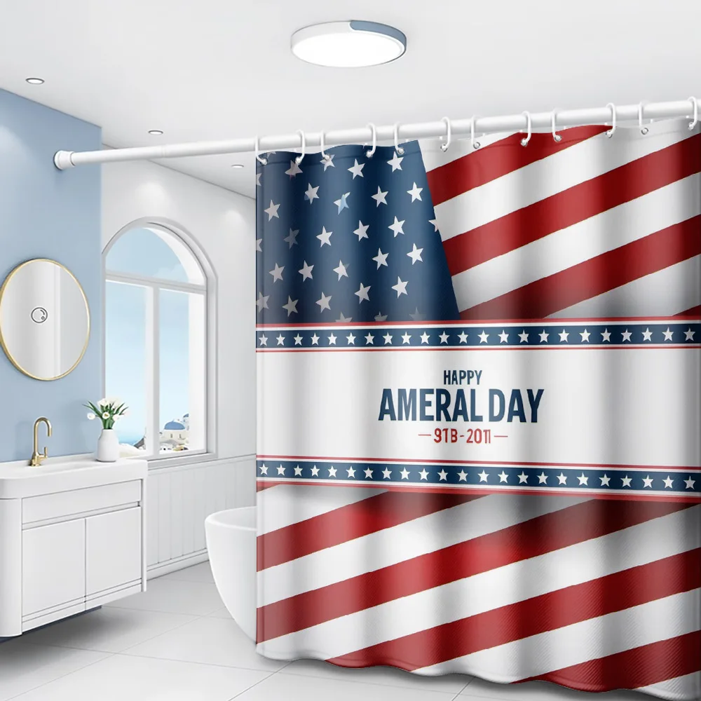 USA Flag Shower Curtain, Patriotic American Independence Day Decor, Red White Blue Stars Stripes Waterproof Bath Screen