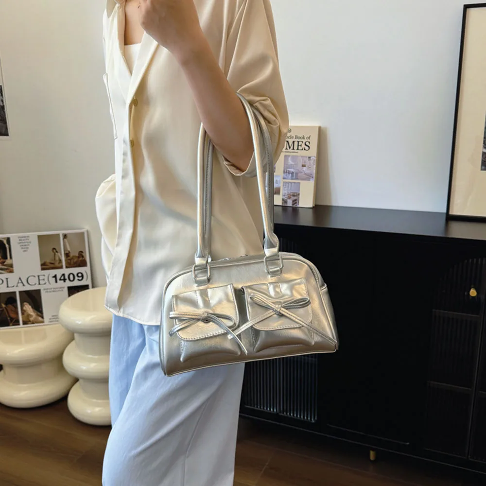 BowVintage Solid Color Women PU Shoulder Bag Large Capacity Tote Bags Handbag Street Casual Style Ladies Daily Purse 2026
