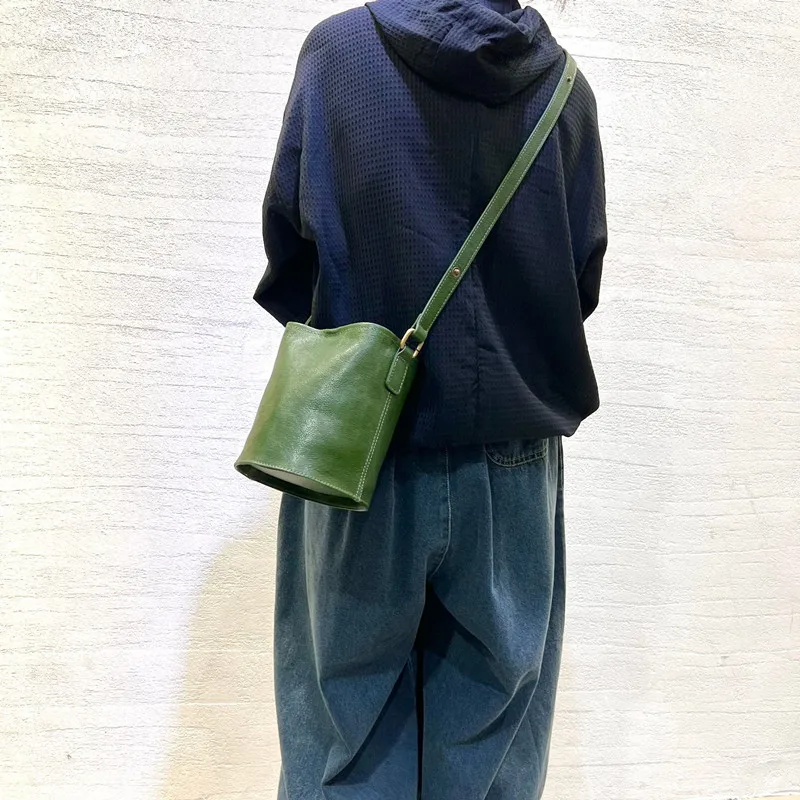 

Genuine leather women bag green retro top-grain cowhide vegetable-tanned small bucket bag single-shoulder crossbody handbag