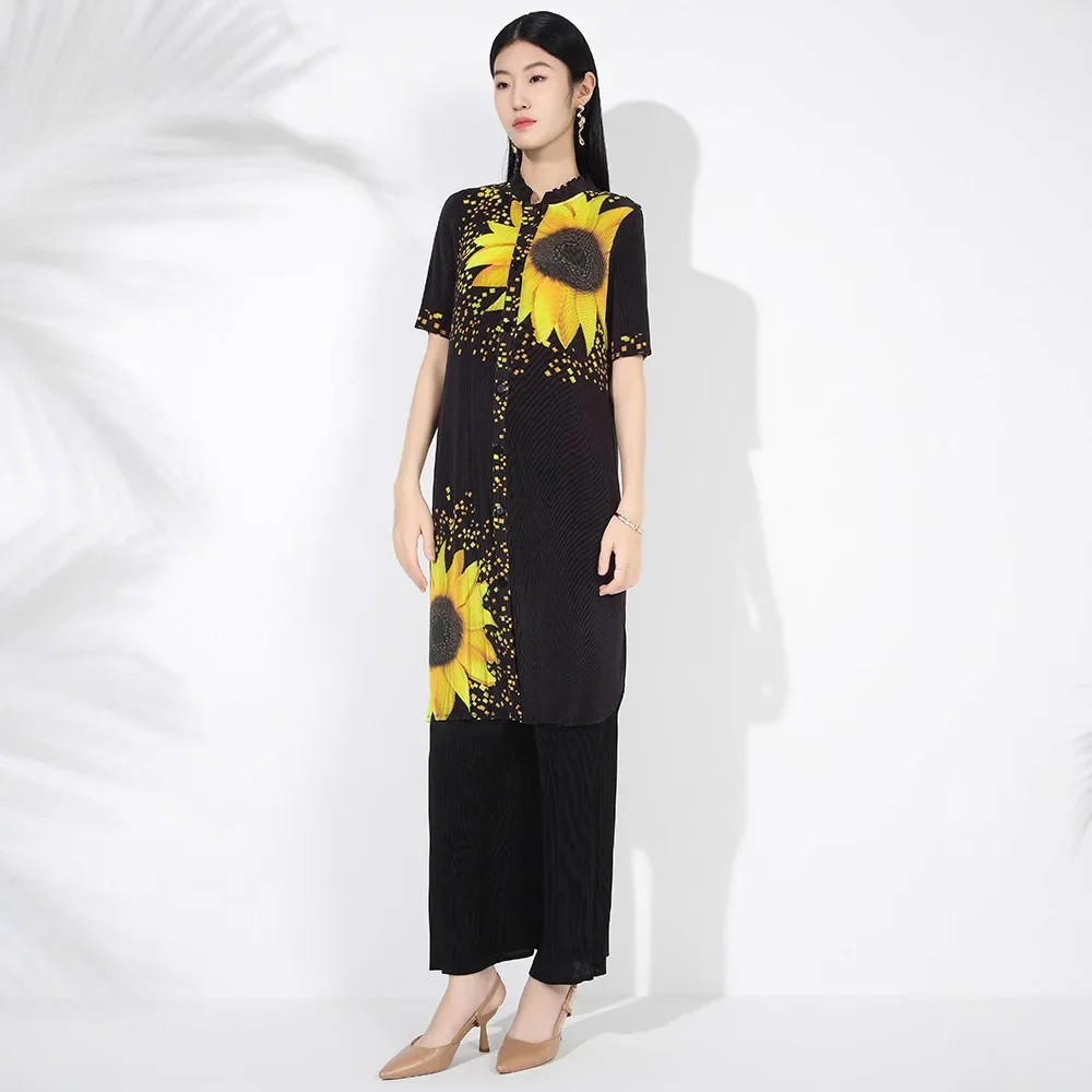 Miyake Pleated Printed Fashion Suit Women 2024 New Stand-up Collar Mid-length Single-breasted Top Wide-leg Pants Two-piece Set