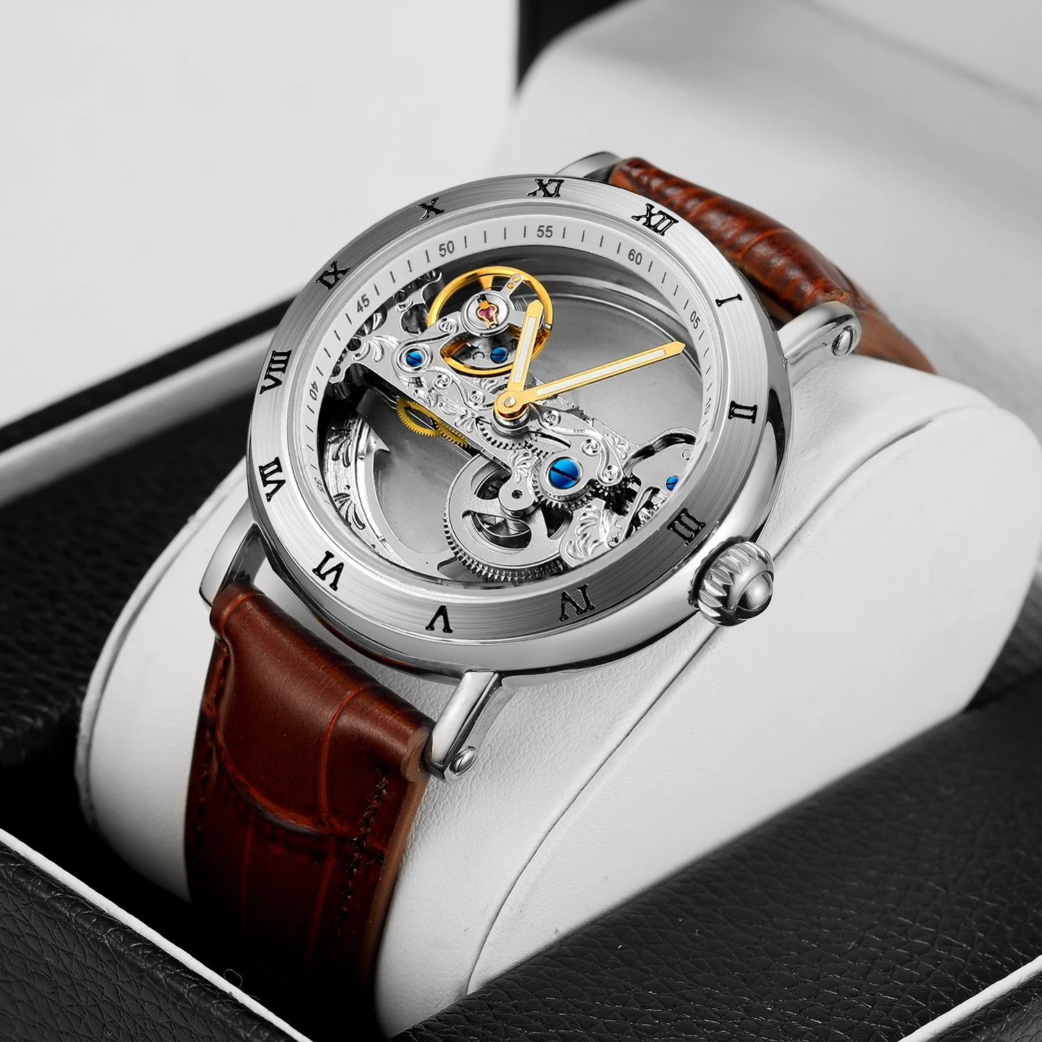 TIME100 Orologio Uomo Meccanico Automatico Scheletrato, Movimento Automatico, Cinturino in Vera Pelle, Orologio da Uomo con Cassa in Acciaio Inossidabile, 30M Resistente all'Acqua(NeroArgento